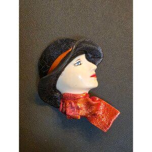 Vintage Lady Face Brooch With Black Hat & Red Scarf Hand-Painted Resin Pin Elega
